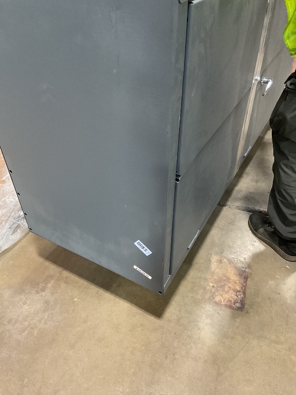 Photo 1 of ** SCRATCHES/DIRT**Durham 3501584RDR-5295 Lockable Cabinet with 58 Blue Hook-On Bins, 1 Adjustable Shelf, Flush Door Style, 1 Fixed Shelf, 4 Drawers, 12 Door Shelves, 36" Wide, 14 Gauge, Gray