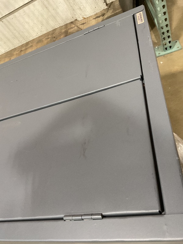 Photo 1 of ** SCRATCHES/DIRT**Durham 3501584RDR-5295 Lockable Cabinet with 58 Blue Hook-On Bins, 1 Adjustable Shelf, Flush Door Style, 1 Fixed Shelf, 4 Drawers, 12 Door Shelves, 36" Wide, 14 Gauge, Gray