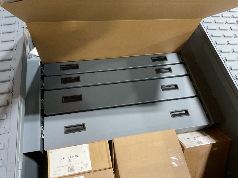 Photo 1 of ** SCRATCHES/DIRT**Durham 3501584RDR-5295 Lockable Cabinet with 58 Blue Hook-On Bins, 1 Adjustable Shelf, Flush Door Style, 1 Fixed Shelf, 4 Drawers, 12 Door Shelves, 36" Wide, 14 Gauge, Gray