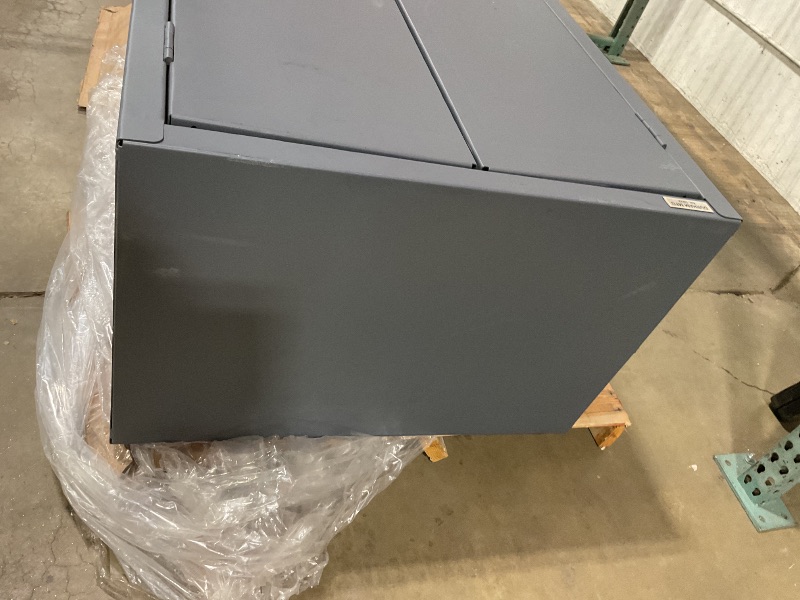 Photo 1 of ** SCRATCHES/DIRT**Durham 3501584RDR-5295 Lockable Cabinet with 58 Blue Hook-On Bins, 1 Adjustable Shelf, Flush Door Style, 1 Fixed Shelf, 4 Drawers, 12 Door Shelves, 36" Wide, 14 Gauge, Gray