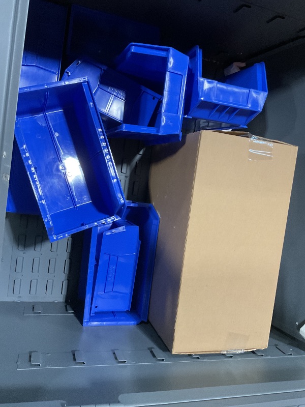 Photo 1 of ** SCRATCHES/DIRT**Durham 3501584RDR-5295 Lockable Cabinet with 58 Blue Hook-On Bins, 1 Adjustable Shelf, Flush Door Style, 1 Fixed Shelf, 4 Drawers, 12 Door Shelves, 36" Wide, 14 Gauge, Gray