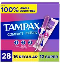 Photo 1 of ***BOX DAMAGED/ MISSING ALL REGULARS*** Tampax Compact Radiant Multipack Regular/Super Absorbency Unscented Plastic Tampons - 28ct