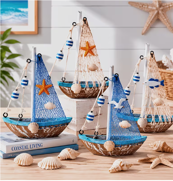 Photo 1 of **SEE PHOTOS STYLE DIFFERS*** 4pcs Wooden Sailboat Model Decor Set, Nautical Sailing Boat Decoration, Vintage Coastal Boat Figurine with Fishing Net, Seagull, Starfish and Shell Accents, Beach House Shelf Desk Bathroom Tabletop Decor