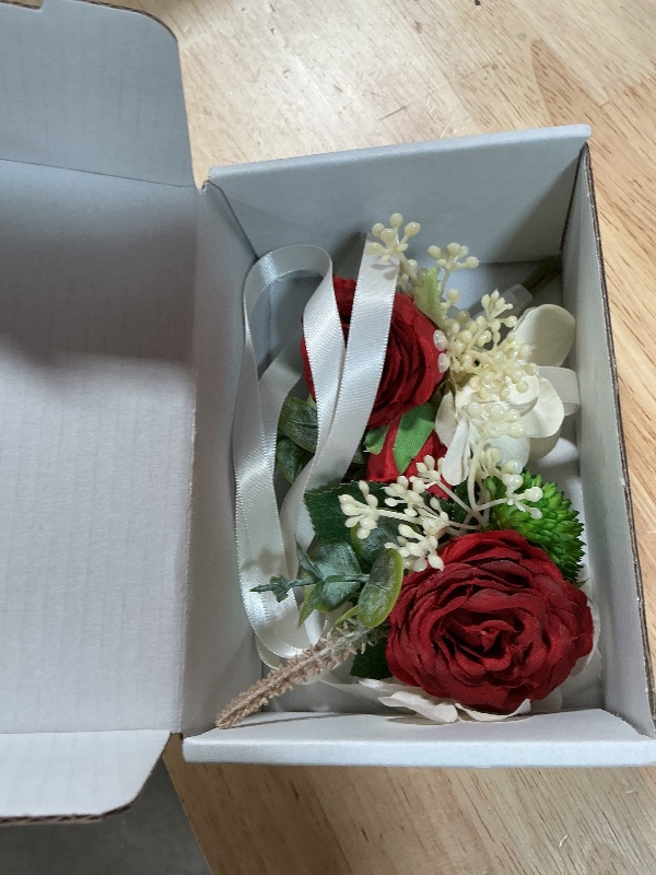 View 2 of ***ONE MINOR DAMAGE***MAFELOE Artificial Wrist Corsage Boutonniere Set for Groom Bride Groomsmen Bridesmaids, Corsage Wristband Men Boutonniere Wedding Party Prom Suit Decorations - Burgundy 2Pcs
