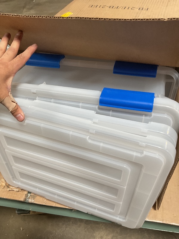 Photo 1 of ***FOR PARTS ONLY / DAMAGED*** IRIS USA File Box, WeatherPro File Organizer for Letter/Legal File, Water Resistant Document Box, Plastic Gasket File Box With Tight Latch and Seal, Stackable Nestable, Clear/Blue 32 Qt. 3 Pack