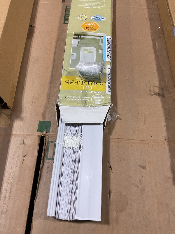 Photo 1 of **HEAVILY USED ** Cordless Light Filtering Mini Blinds for Indoor Windows - 34 Inch Width, 64 Inch Length, 1" Slat Size - Pearl White - Cordless GII Morningstar Window Blinds for Interior by Achim Home Decor