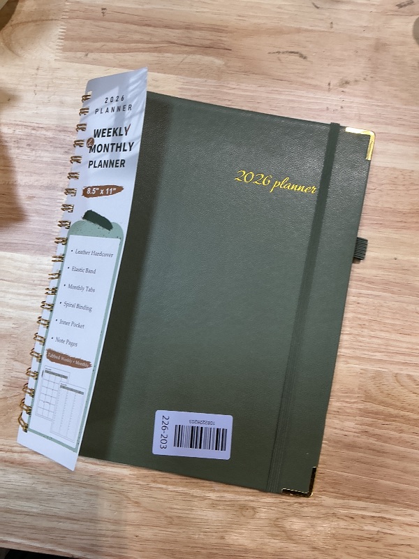 Photo 1 of 2026 Planner, Weekly and Monthly Calendar Planner from January 2026 - December 2026, 8.5" x 11" Hardcover Leather Hourly Appointment Book with Tabs, Spiral Daily Planners for School Work Home, Green