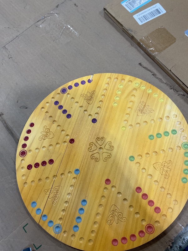 Photo 1 of *** MAJOR CRACK ***Marble Board Game Wooden Wahoo Double Side Painted Board Game with 6 Colors 36 Marbles 6 Dice for Adults Family Night Game, 6 and 4 Player(Round)