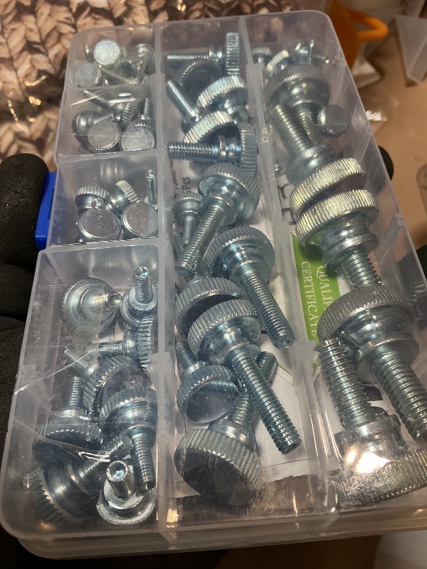 Photo 1 of ***MISSING PIECES***Swpeet 65Pcs 7 Size M3 M4 M5 M6 M8 Zinc Plated Knurled Thumb Screws Assortment Kit, Flat Knurled Head Fully Threaded Thumb Screws Bolts Fastener, Knurled Thumb Screw with Shoulder Grip Knobs Fasteners