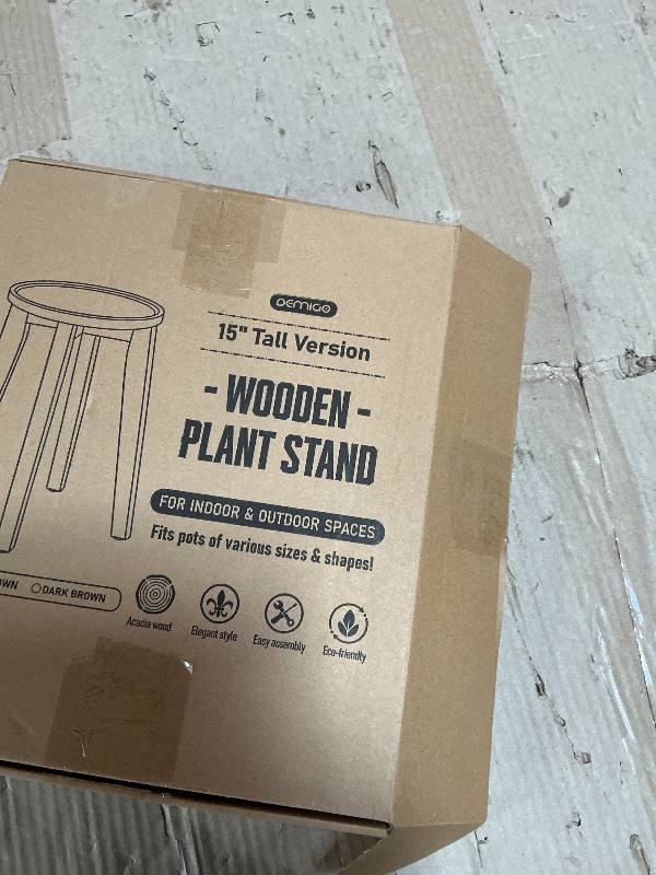 Photo 1 of *** MAJOR DAMAGE***Demigo 15-Inch Tall Plant Stand for Indoor & Outdoor Use, Acacia Wooden Decorative Plant Shelf with Spill-Proof Tray, Flower Holder for Heavy Pots, Gardening Display - Natural Brown