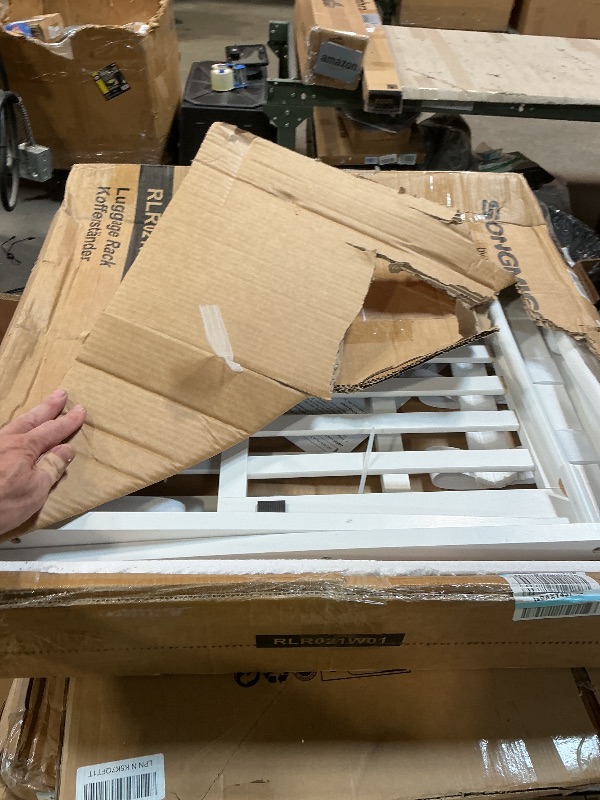 Photo 1 of **BROKEN PIECE SEEN IN PHOTO**SONGMICS Solid Wood Luggage Racks, Set of 2, No Assembly Required, Foldable Suitcase Stand, Luggage Holder, with Storage Shelf, for Guest Room, Hotel, Bedroom, Cloud White URLR021W01