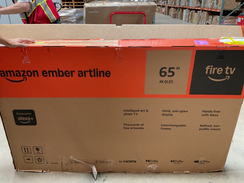 Photo 1 of *** MAJOR DAMAGE, POWER BUTTON***Amazon Ember Artline 65" with Fire TV (newest model), 4K Ultra HD QLED smart TV with free art and photos, anti-glare display, custom frames, Dolby Vision, find shows faster with Alexa+ - Graphite
