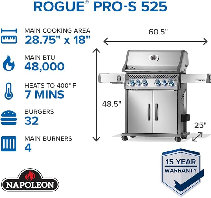 Photo 1 of ** DIRT/SCRATCHES/DENTS. MISSING ONE WHEEL**Napoleon Rogue PRO-S 525 Propane Gas Grill with Infrared Side and Rear Burners, Stainless Steel, Durable 6-Burner BBQ