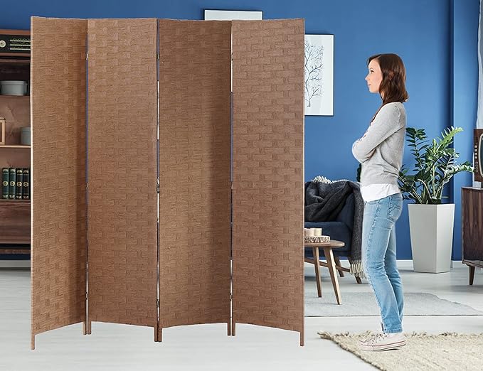 Photo 1 of 4 Panel Wood Room Divider - 6 Ft Tall Privacy Wall Divider - Portable Partition Screen - Wood Mesh Woven Design - Folding Privacy