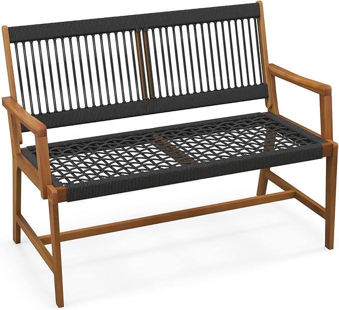 Photo 1 of *** PICTURE FOR REFERENCE ONLY/USED/MAJOR DAMAGE/UNKNOWN MISSING PARTS AND HARDWARE***Wood Bench, All-Weather Rope Woven Garden Bench with Backrest and Armrests, 2-Person Patio Bench for Porch, Backyard, 705 Lbs Max Load