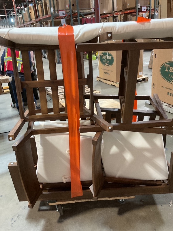 Photo 1 of *** MISSING TABLE UNPACKAGED SET ***Merax 6-Piece Patio Dining Set with Bench & Chairs, Acacia Wood Table with Umbrella Hole, Outdoor Furniture Set with Removable Cushions, Rustic Garden Dining Set for Backyard, Poolside, Beige + Mocha