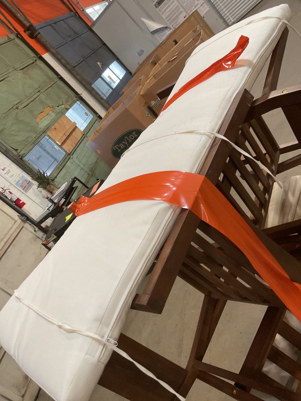 Photo 1 of *** MISSING TABLE UNPACKAGED SET ***Merax 6-Piece Patio Dining Set with Bench & Chairs, Acacia Wood Table with Umbrella Hole, Outdoor Furniture Set with Removable Cushions, Rustic Garden Dining Set for Backyard, Poolside, Beige + Mocha
