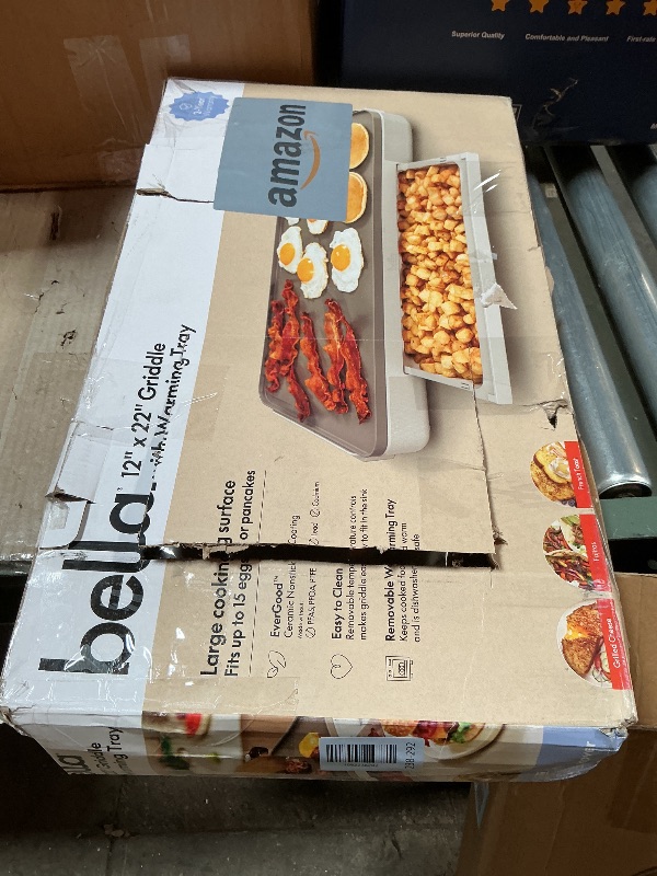 Photo 1 of **FOR PARTS ONLY/ TOO DAMAGE TO BE FUNCTIONAL*** bella 12" x 22" Electric Griddle with Warming Tray, EverGood™ Ceramic Nonstick Coating & Removable Temperature Probe, Dishwasher-Safe Drip Tray & Cool Touch Handles, 1500 Watt, Oatmilk
