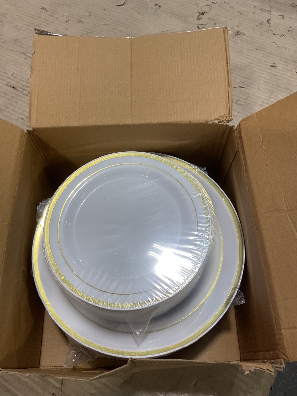 Photo 1 of 100 White and Gold Plastic Plates for Party - Fancy Disposable Heavy Duty 50 Dinner 10" & 50 Salad Dessert 7" Hard Elegant Plates Set with Gold Trim - Nice Premium Sturdy Rim Plate for Wedding Holiday