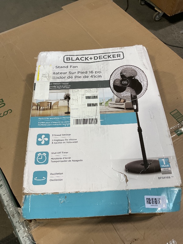 Photo 1 of ***FOR PARTS ONLY/ BROKEN*** BLACK+DECKER 16" Standing Oscillating Pedestal Fan with Remote, 90-Degree Oscillation, 3 Speed Settings, Adjustable Height, Timer, 30-Degree Tilt, BFSR16B, Black