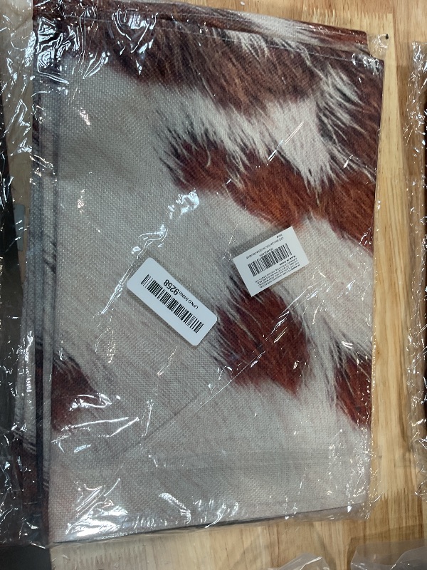 Photo 1 of 4 PCS Linen Cow Print Table Runner 71 x 13'' Farmhouse Western Brown and White Cowhide Table Runner Rustic Coffee for Birthday Home Kitchen Decorations