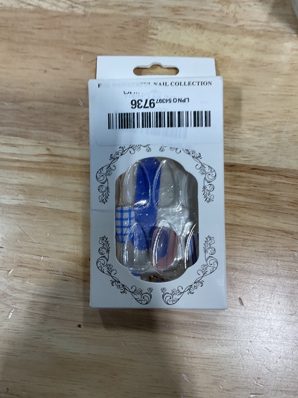 Photo 1 of 24Pcs Blue Press on Nails Short Almond Fake Nails with Designs Reusable Summer Flower Acrylic Nails Cute Bee Glue on Nails Blue And White Plaid False Nails Solid Color Stick on Nails for Women