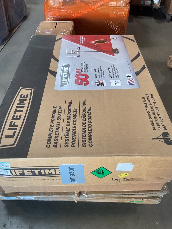 Photo 1 of *** USED/MINOR DAMAGE/UNKNOWN MISSING HARDWARE AND PARTS***Lifetime Portable Basketball Hoop, 50 Inch Shatterproof Fusion Backboard, Adjustable Height 8-10 Ft, Broomstick Adjust, Base with Wheels, Slam-It Rim