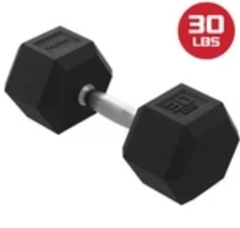 View 1 of ** dirt from transport **FitRx 30lbs Rubber Hex Dumbbell – Solid Steel Handle, Durable Rubber Coating, Anti-Roll Weight for Fitness, Single