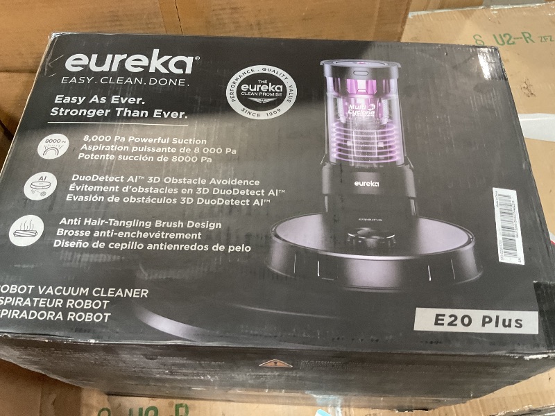 Photo 1 of **FOR PARTS ONLY NON-FUNCTIONAL STAYS STUCK ON ROLLER BRUSH ERROR*** Eureka E20 Robot Vacuum with Bagless Self Emptying Station, Robotic Vacuum and Mop Combo, 45-Day Capacity, Upgraded 8000Pa Suction and Anti Hair-Tangling Brush, LiDAR Navigation, App Con