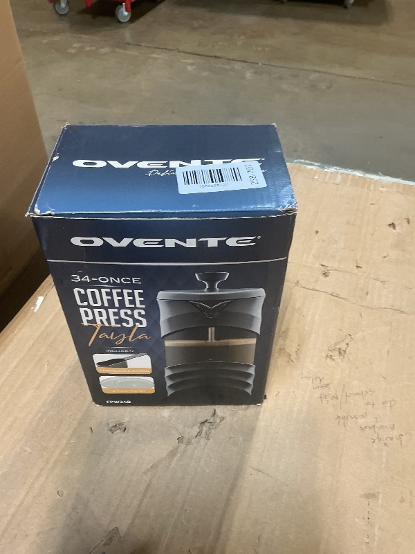 Photo 1 of ***DAMAGED***OVENTE French Press Coffee Maker 34 Ounce with Heat Resistant Borosilicate Glass & Stainless Steel 4-Level Filtration System, Portable Cold Brew Coffee Maker for Travel, Camping or Gift, Black FPW34B