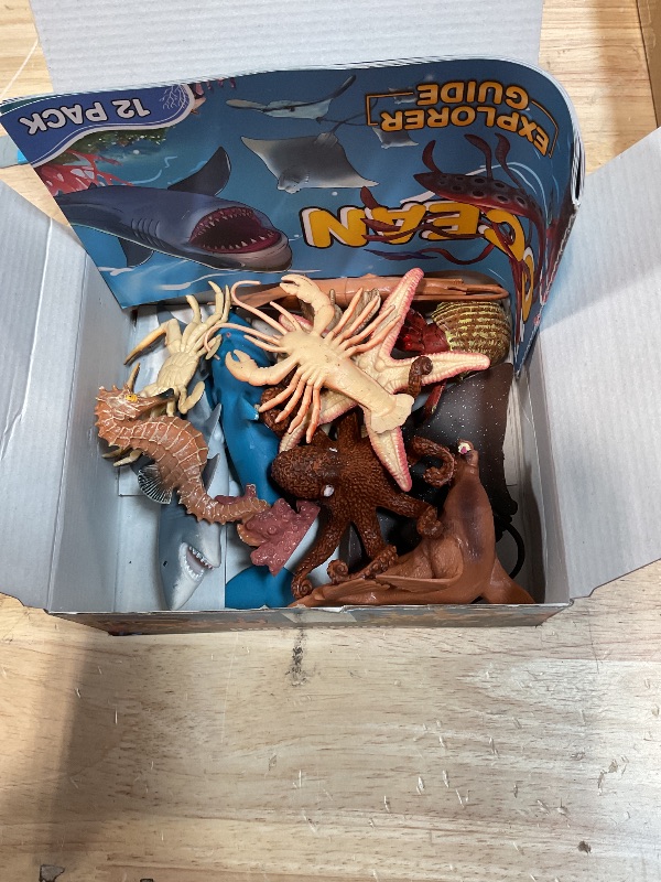 Photo 1 of 12 Pack Ocean Animal Toys with Educational Booklet for Kids, Realistic Soft Plastic Creatures Model Figures for Toddler Boys Girls, Under the Sea Party Favor, Birthday Gifts Water Table Toy