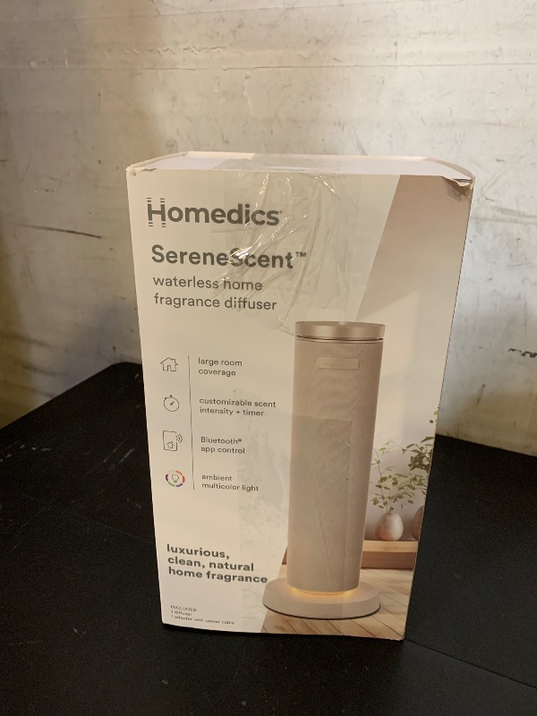 Photo 1 of Homedics SereneScent Waterless Diffuser, Cold Air Scent Machine for Home, Diffuser for Large Rooms, App-Controlled Fragrance Diffuser with Timer and Ambient Lights, Beige