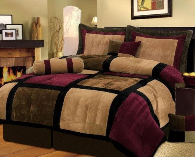 Photo 1 of Grand Linen 7 Piece Burgundy Brown Black Bed in a Bag Micro Suede Queen Comforter Set with Accent Pillows