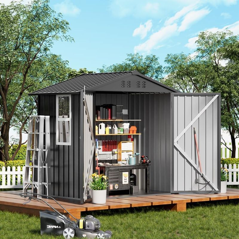 Photo 1 of COMHOMA Shed Storage Outdoor Metal Windowed Lockable Garden Toolhouse Weatherproof Ventilated Backyard Utility Workshop(Grey,6'x4')