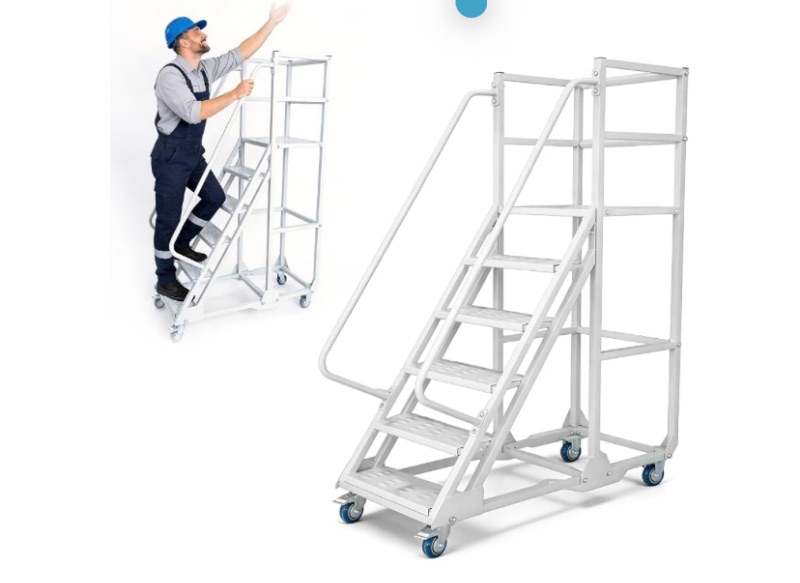Photo 1 of 6-Step Rolling Ladder with Handrails Lockable Wheels, Rolling Stairs with 51" Heigh Anti-Slip Platform with Fencehail, Industrial Platform Ladder for Supermarket Warehouse Factory, 19.6" W x74.7 H