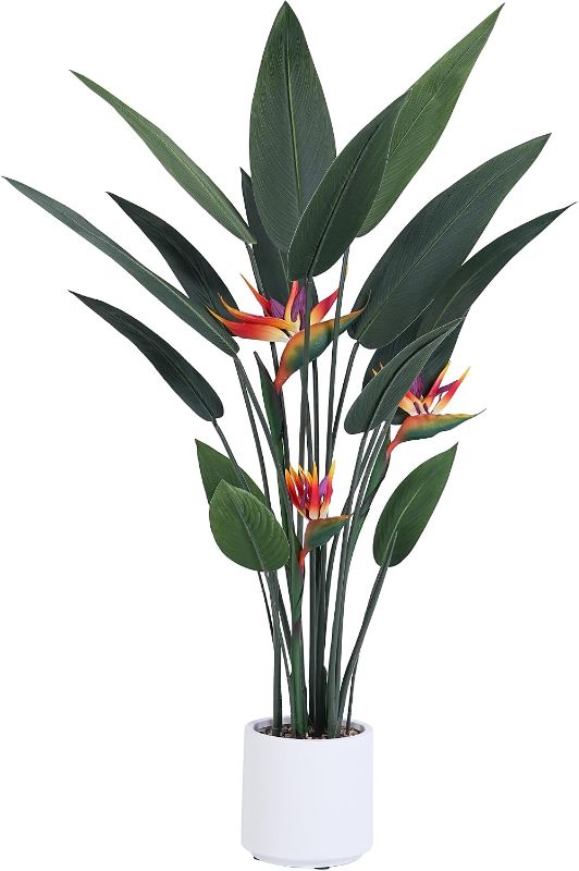 Photo 1 of Jocoevol Artificial Bird of Paradise Plant 48in(4Ft) Tall Fake Banana Leaf Plant for Indoors and Outdoors, Artificial Flowers, Faux Palm Tree with Plastic Pot for Office and Home Decor
