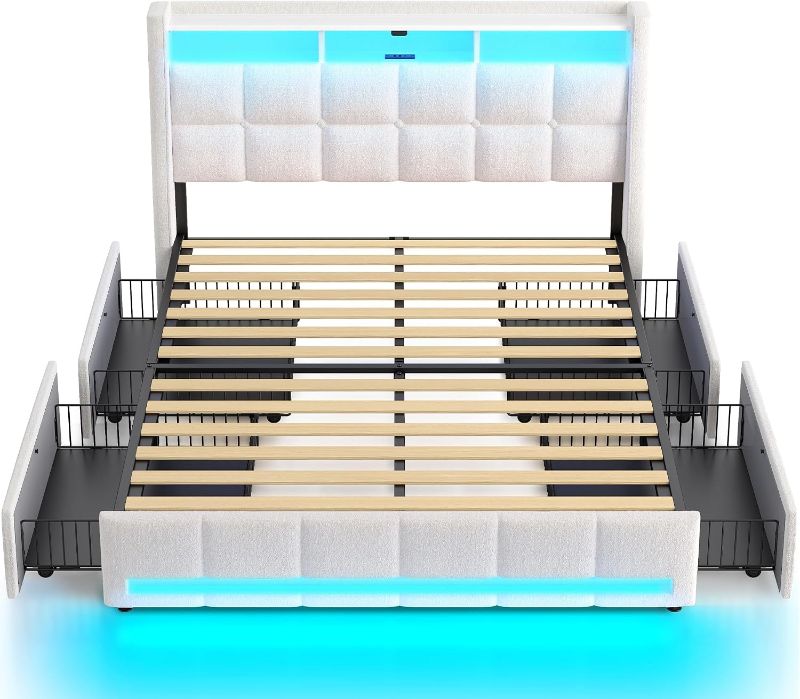 Photo 1 of Rolanstar FULL Size Bed Frame with LED Lights and Charging Station, Upholstered Bed Storage Headboard & Drawers, Heavy Duty Wood Slats, Easy Assembly, White