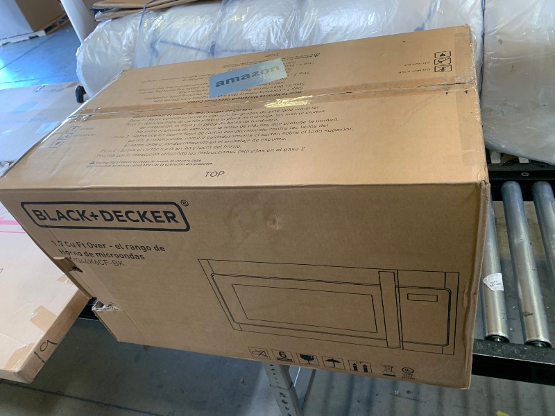 Photo 1 of BLACK+DECKER Over the Range Microwave Oven with Vent and One-Touch Auto Cooking, 1.7 cu. ft. OTR Over Stove Microwave, Black, 1000 Watts, EM044K6CF-BK