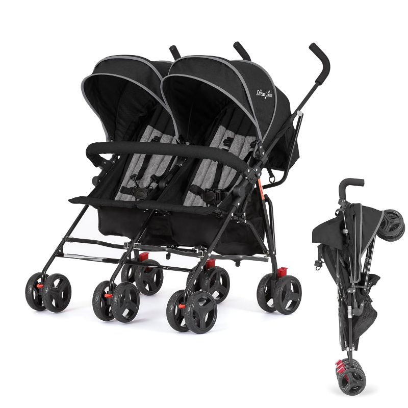 Photo 1 of Dream On Me Volgo Twin Baby Stroller, Lightweight Side-by-Side Double Umbrella Stroller with Adjustable Canopy, 5-Point Harness, Storage Basket & Travel-Friendly Fold – Black | 5 Point Safety Harness, Smooth Swivel Wheels, Lightweight, Adjustable Double C