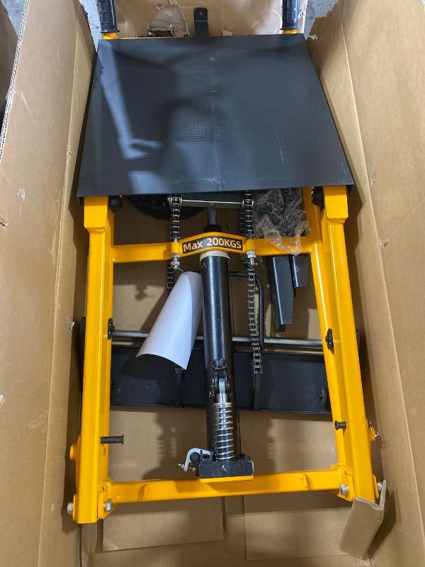 Photo 1 of MMS Foldable Hydraulic Material Lift Winch Stacker, 450 Lbs 35.8" Max Lift w/ 9" Wheels 360° Swivel Casters, Pallet Truck Dolly, Fork Lift Table Cart, Pallet Jack, Removable Platform, Adjustable Forks