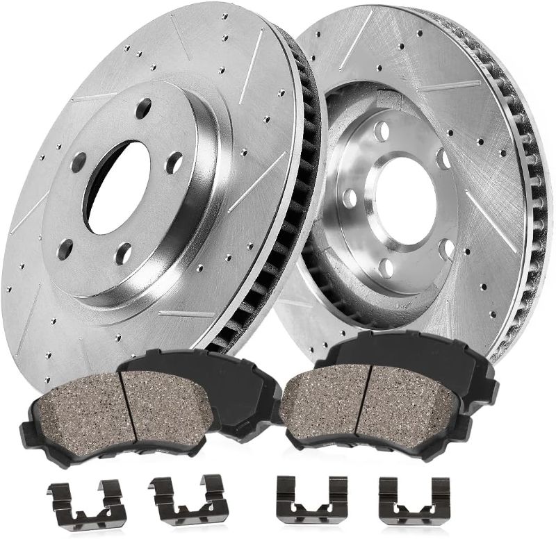Photo 1 of Callahan Brake Parts Front Brake Kit For INFINITI Q50 2014-24 |Q60 2017-22 |QX50 2016-17 |Nissan Z 2023-24 - Drilled & Slotted Disc Rotors with Ceramic Brake Pads + Hardware, EBYK042944