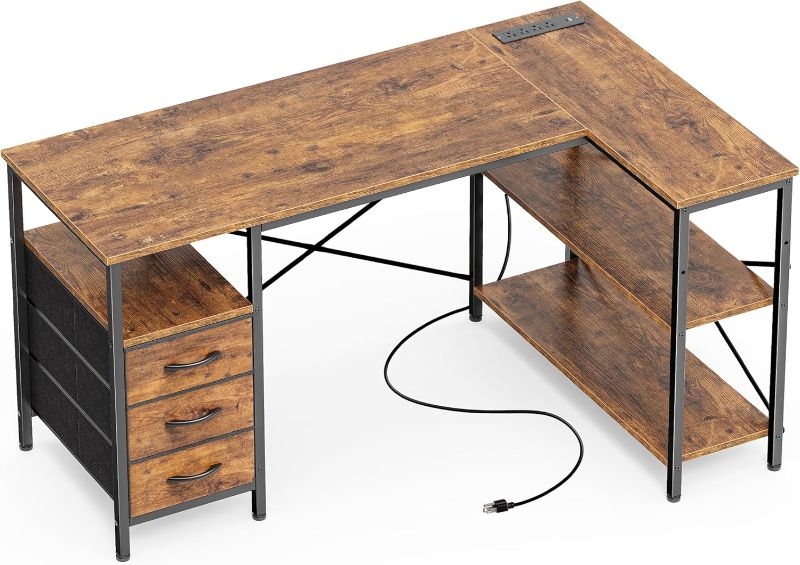 Photo 1 of Huuger L Shaped Office Desk with Power Outlets | 47 Inch Computer Desk with 3 Drawers, Shelves, for Gaming, Corner Work, Home Office, Study, Rustic Brown