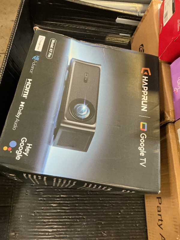 Photo 1 of HAPPRUN 3000 ANSI Lumens Outdoor Projector with Official Google TV, 4K Supported Smart Movie Projector, Dolby Audio, Auto Focus & Keystone, WiFi 6 and Bluetooth for Indoor & Outdoor Movies,Black