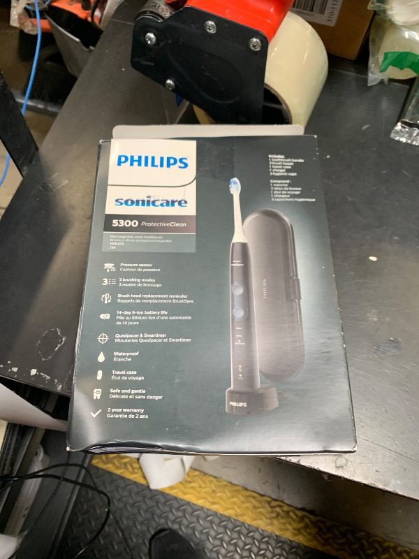 Photo 1 of Philips Sonicare ProtectiveClean 5300 Rechargeable Electric Toothbrush, with Pressure Sensor, 3 Cleaning Modes, SmarTimer and QuadPacer, with 2 Bonus Brush Heads, Travel Case, Black, Model HX6423/34