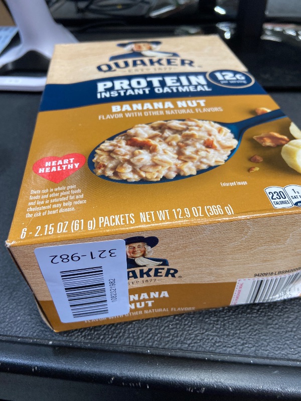 Photo 1 of (6 pack) Quaker Protein Instant Oatmeal, Banana Nut, 12g Protein per Serving, Whole Grains, No Artificial Flavors, 2.15 oz Packets, (6 Pack)?