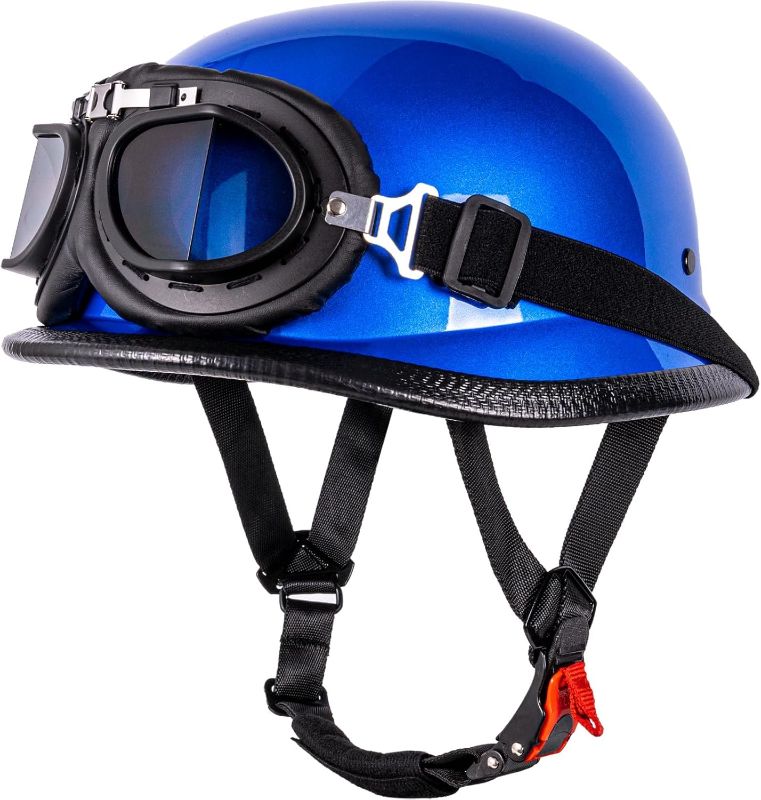Photo 1 of ***NO BOX**Yesmotor Helmet Half Shell German Motorcycle Helmet with Cycling Glasses - DOT Approved BLUE XL
