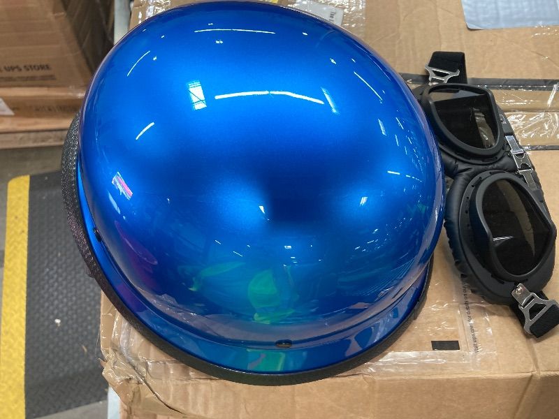 Photo 1 of ***NO BOX**Yesmotor Helmet Half Shell German Motorcycle Helmet with Cycling Glasses - DOT Approved BLUE XL