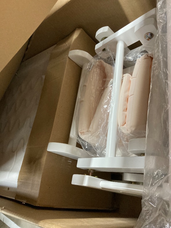 Photo 1 of **MISSING HARDWARE -SELLING AS IS ***Storkcraft Premium Hoop Glider & Ottoman (White/Pink) — GREENGUARD Gold Certified Nursery Glider, Solid Wood Craftsmanship, Smooth-Gliding Nursery Chair and Ottoman, Award-Winning