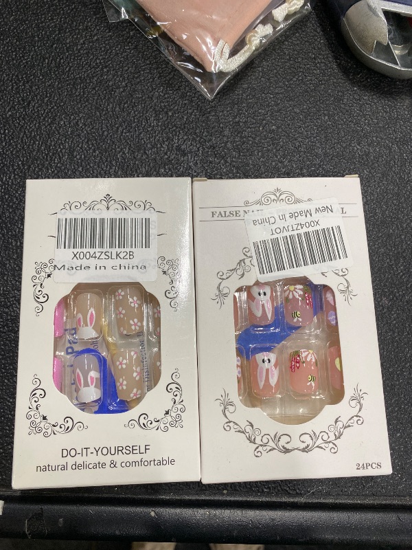 Photo 1 of **2 DIFFERENT PACKS OF EASTER NAILS**Easter Press On Nails Short Square Fake Nails Cute Bunny Nail Press Ons With Colorful Eggs Design Acrylic False Nails Spring Flower Glossy Glue On Nails For Women Girls 24Pcs