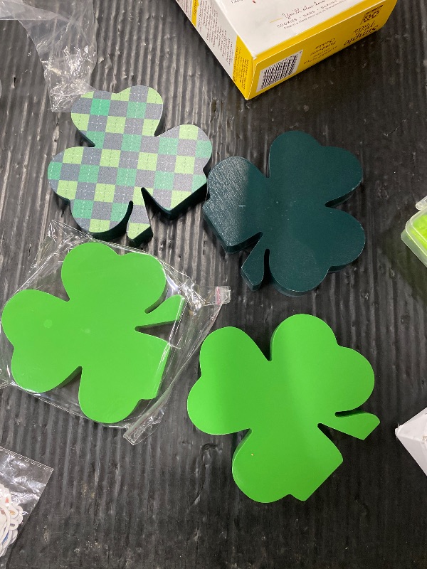 Photo 1 of **SIMILAR--DIFFERENT DESIGNS, 4 PACK**Quimoy St Patricks Day Shamrock Decorations,4 Pcs Irish Green Pattern Wooden Lucky Clover Signs, Standing Shamrock St Patricks Day Table Decorations for Home Office Holiday Party Decor
